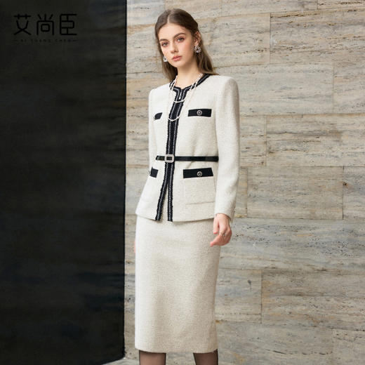 艾尚臣手编织带月光灰羊毛粗花呢小香风短外套女气质套裙两件套冬 商品图3