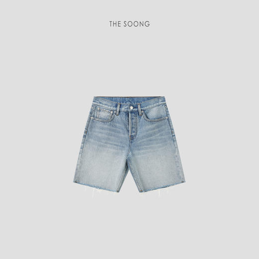 THESOONG|‘猫须毛边裤’13.3盎司做旧水洗中腰排扣牛仔短裤女8435 商品图7