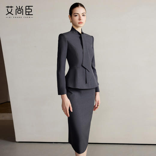 艾尚臣设计感围巾领西装套装女高级灰色西服两件套法式摩登穿搭冬 商品图1