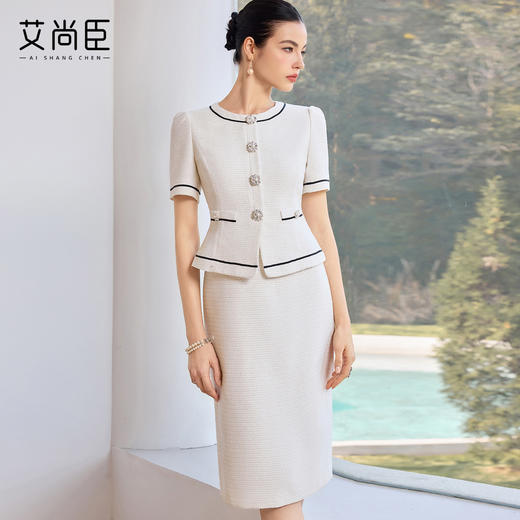 艾尚臣白色千金小香风连衣裙女短袖收腰假两件轻奢通勤职业装显瘦 商品图2