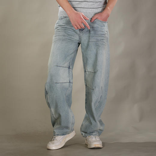 DRONKOO 2026 半松紧腰前斜破骨膝盖破缝压皱喷色中厚牛仔长裤 商品图1