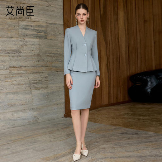 艾尚臣高端优雅西装套装女灰蓝色时尚套装气质高级感工作服两件套 商品图2