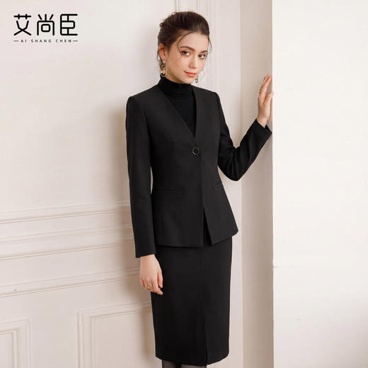 艾尚臣商务风职业装西装套装女气质V领收腰显瘦工作服黑色一粒扣 商品图3