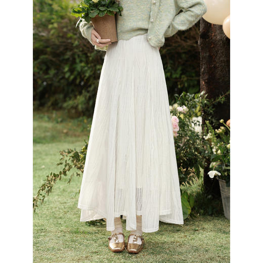 鹿向南「云纱流纹」米白色轻薄a字半身裙女春宽松显瘦高腰长裙子 商品图3