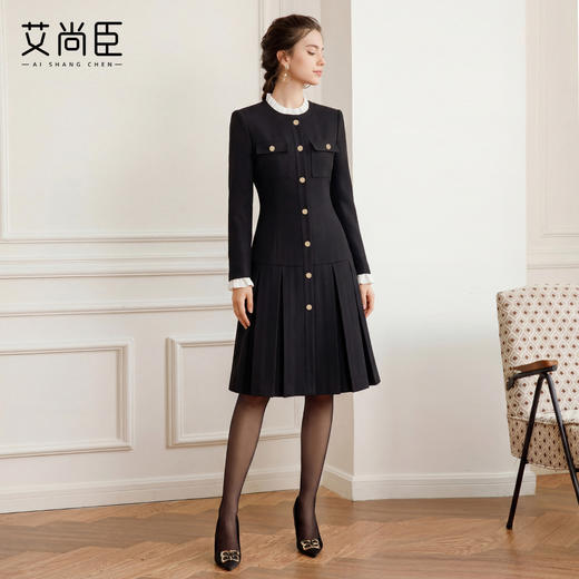 艾尚臣黑色小香风连衣裙女法式复古千金风收腰百褶裙小个子中长裙 商品图1