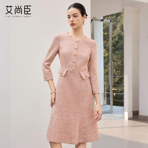 艾尚臣柔焦滤镜小香风粗花呢连衣裙女收腰鱼尾裙摆中长裙气质裙 商品图3