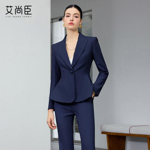 艾尚臣藏青色公务员通勤西装职业套装女商务正装套装微喇裤工作服 商品图1