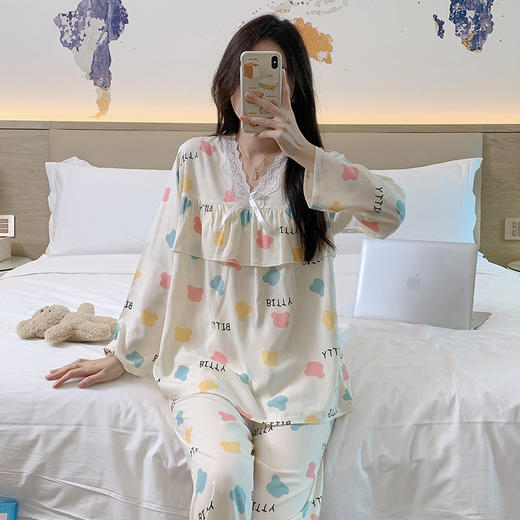 【花边领口设计❗舒适大气】春秋女士棉绸睡衣蕾丝边印花长袖长裤两件套防凸点可爱薄款睡衣。rg 商品图0