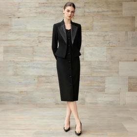 艾尚臣假两件黑色修身连衣裙女职业装西装领排扣气质高级感通勤裙