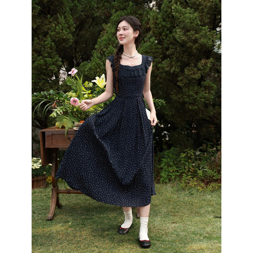 鹿向南「波影拾红」藏蓝色长款连衣裙女春新款波点时尚百搭裙子女 商品图2