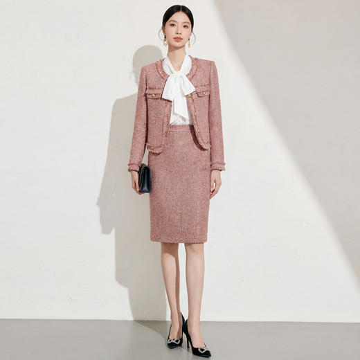 艾尚臣千金风小香风套装女粗花呢秋冬新款名媛短外套半裙玫瑰粉 商品图0