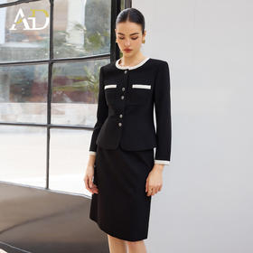 AD高腰显瘦职业装套装2026年春季长袖两件套黑白拼色上衣半身裙子