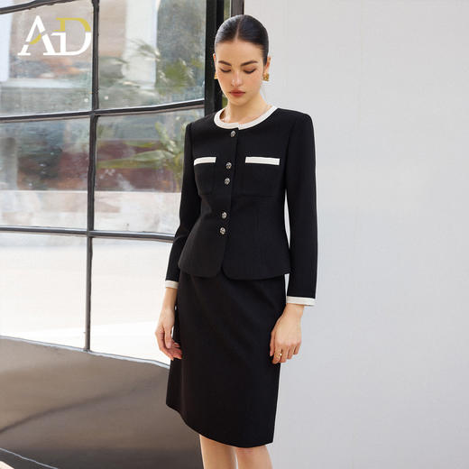 AD高腰显瘦职业装套装2026年春季长袖两件套黑白拼色上衣半身裙子 商品图0
