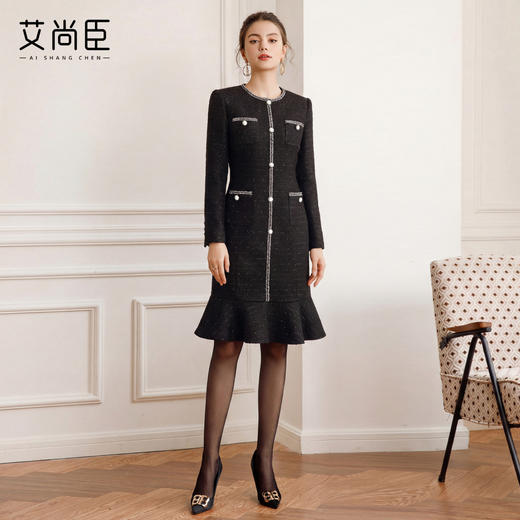 艾尚臣小香风黑色粗花呢连衣裙女收腰鱼尾裙银丝细闪千金风优雅 商品图1