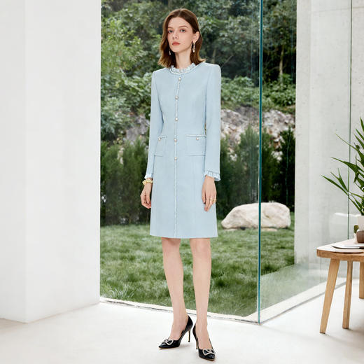 艾尚臣蓝色小香风连衣裙女修身花边领名媛高级感优雅风西装裙 商品图0