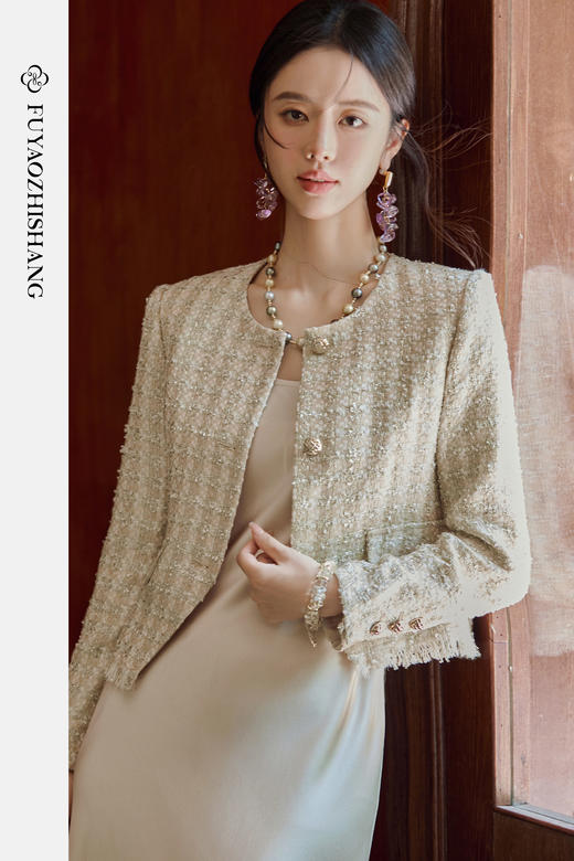 FUYAO扶摇 小香风粗花呢短外套女圆领贵妇名媛气质上衣轻奢风短款 商品图5