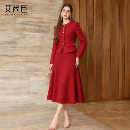 艾尚臣小香风红色西服两件套女冬新年战袍西装套装气质订婚敬酒服 商品图1