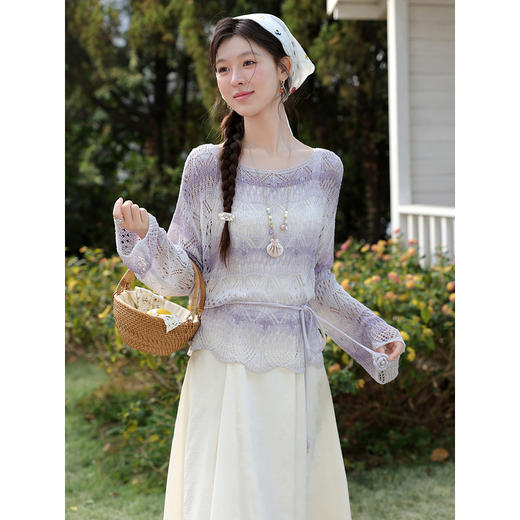 鹿向南「花漾漫语」浅杏色连衣裙紫色针织衫两件套春季新款套装女 商品图0