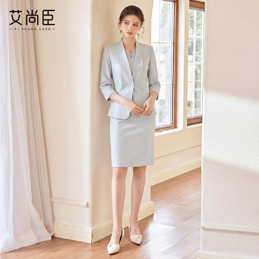 艾尚臣尘水轻蓝优雅风无领西装套装女职业装通勤气质连衣裙两件套 商品图4
