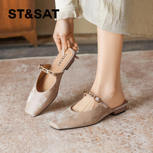 星期六26夏新款优雅绒面通勤粗跟穆勒拖SSE2111C9E 商品图0