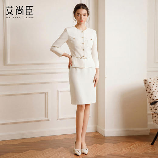 艾尚臣早8主理人 米色假两件连衣裙女职业通勤金属扣装饰显瘦裙子 商品图2