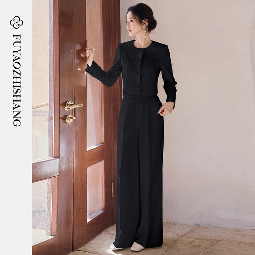 FUYAO扶摇直上 【高定立裁】黑色西装套装女春季圆领短外套两件套 商品图0