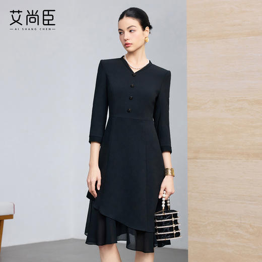 艾尚臣聚会小黑裙V领连衣裙女七分袖收腰显瘦通勤职业裙装鱼尾裙 商品图1