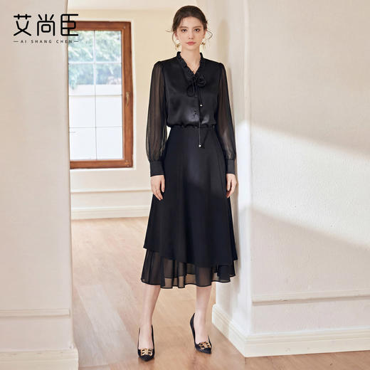 艾尚臣轻奢风黑色衬衫半裙两件套女春季灯笼袖花边领雪纺衬衣套装 商品图4