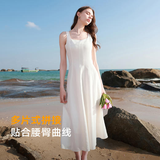 三彩2026春季新款方领无袖背心裙A字裙连衣裙简约大摆长裙气质M 商品图2