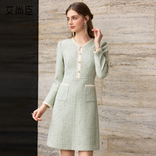 艾尚臣经典小香风粗花呢连衣裙女秋V领收腰显瘦气质裙千金风 商品图0