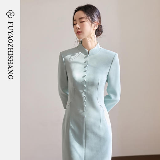 FUYAO扶摇直上 中式风立领连衣裙女修身水绿色醋酸旗袍裙优雅裙子 商品图2