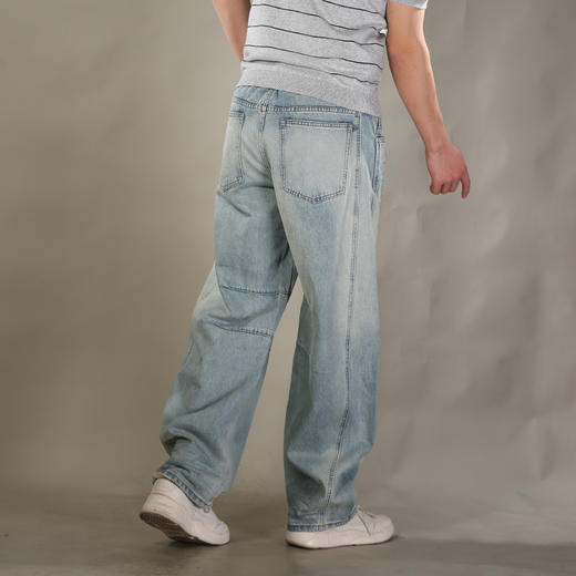 DRONKOO 2026 半松紧腰前斜破骨膝盖破缝压皱喷色中厚牛仔长裤 商品图3