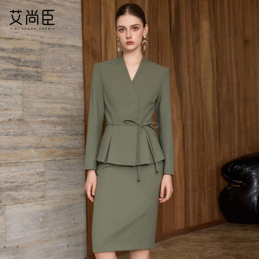 艾尚臣通勤上镜西服套装女春季气质复古松绿色西装正装职业半身裙 商品图0