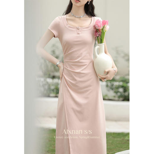 鹿向南「草莓生巧」粉色短袖连衣裙2026新款女夏季法式气质长裙子 商品图4