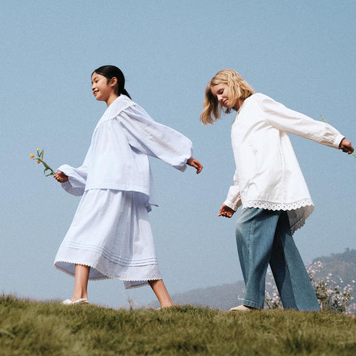 💕春3童装法式度假长袖上衣/木耳边全腰松紧法式条纹伞裙 商品图3