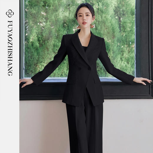 FUYAO扶摇直上 职场极简风黑色西装套装女直筒裤两件套通勤穿搭春 商品图1