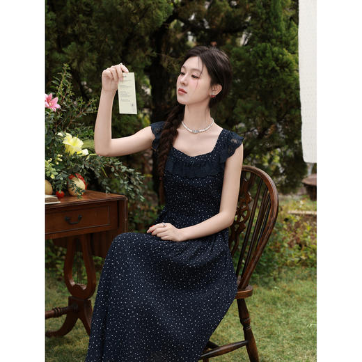 鹿向南「波影拾红」藏蓝色长款连衣裙女春新款波点时尚百搭裙子女 商品图4