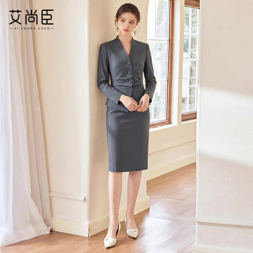 艾尚臣灰色西装套装女长袖职业装显瘦两件套OL通勤职场商务穿搭春 商品图1