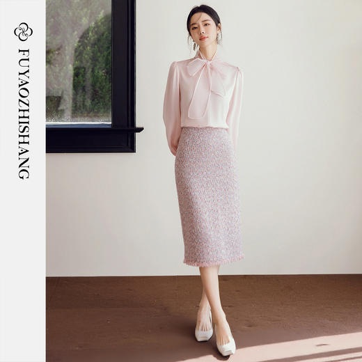 FUYAO扶摇 【优雅浪漫】蝴蝶结领粉色衬衫女灯笼袖法式垂感衬衣春 商品图3