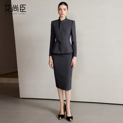 艾尚臣设计感围巾领西装套装女高级灰色西服两件套法式摩登穿搭冬 商品图2
