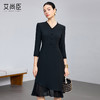 艾尚臣聚会小黑裙V领连衣裙女七分袖收腰显瘦通勤职业裙装鱼尾裙 商品缩略图2