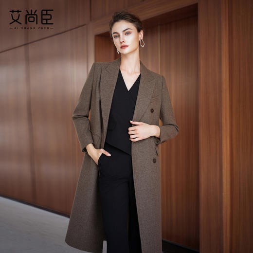 艾尚臣英伦风棕色羊毛大衣女中长款双排扣通勤毛呢外套高级感穿搭 商品图0