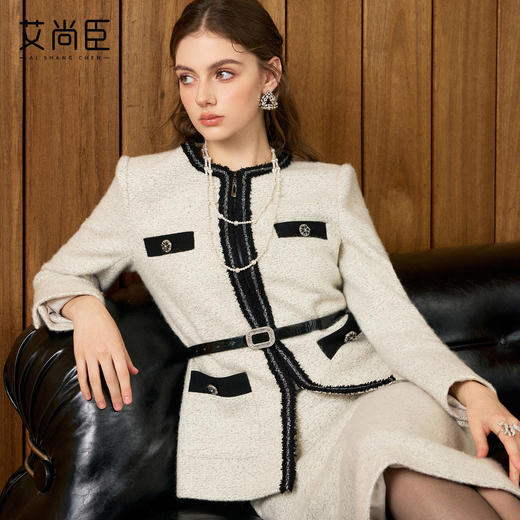 艾尚臣手编织带月光灰羊毛粗花呢小香风短外套女气质套裙两件套冬 商品图0