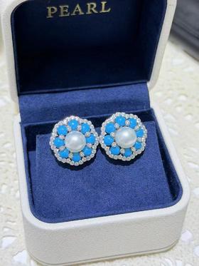 ⁶绝美925【akoya绿松石】耳钉  8-9mm无调色，施华洛世奇水钻，出证书，24小时鉴赏期【香港】SS06-QTT-XGZZ