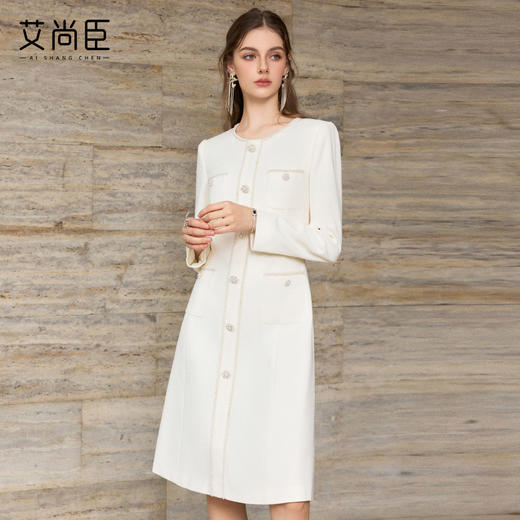 艾尚臣轻奢优雅风月光白连衣裙女长袖珍珠扣修身显瘦气质裙小香风 商品图3