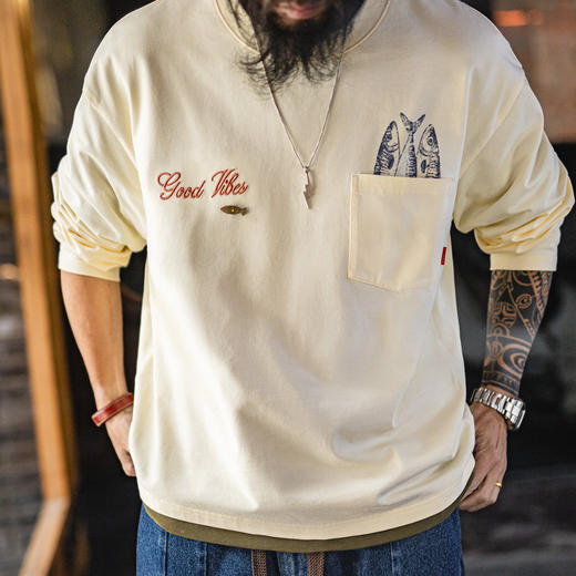 马登工装美式印花口袋长袖T恤纯全棉舒适圆领打底内搭体恤男款春 商品图2