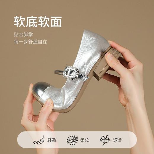ZHR时尚玛丽珍鞋2025新款网红ins浅口单鞋女潮流银色百搭粗跟单鞋 商品图3