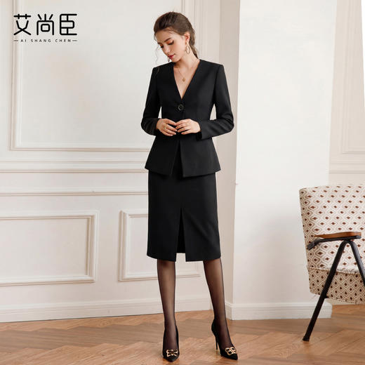 艾尚臣商务风职业装西装套装女气质V领收腰显瘦工作服黑色一粒扣 商品图0