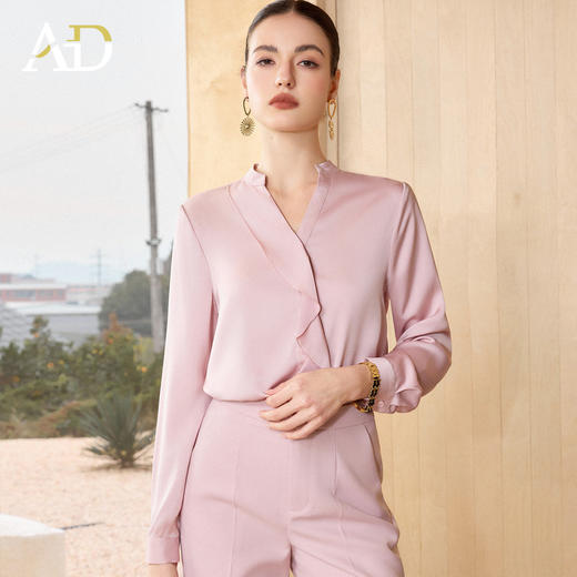 AD高端精致粉色缎面长袖衬衫女春2026新款高级感重要场合穿搭衬衣 商品图1