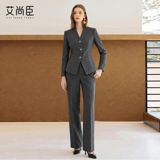 艾尚臣高级感灰色西装套装女春季长袖职业装通勤商务优雅风两件套 商品图1